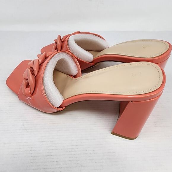 Tangerine Chunky Heel Sandals Heeled Open Toe Slip on Heels Coral Size 7.5 New - Picture 7 of 9